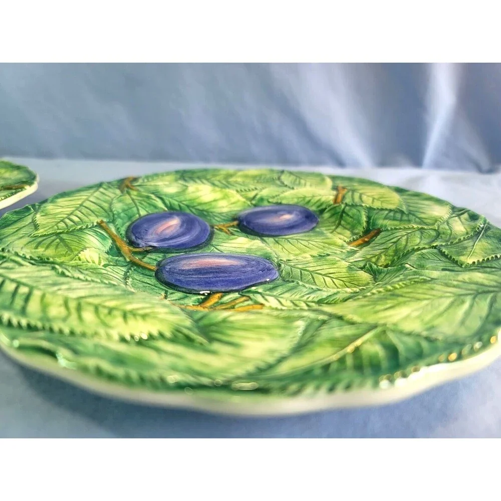 Italian Majolica Plates Cherries & Plum Hand Painted RARE 8''Raised Fruit VTG